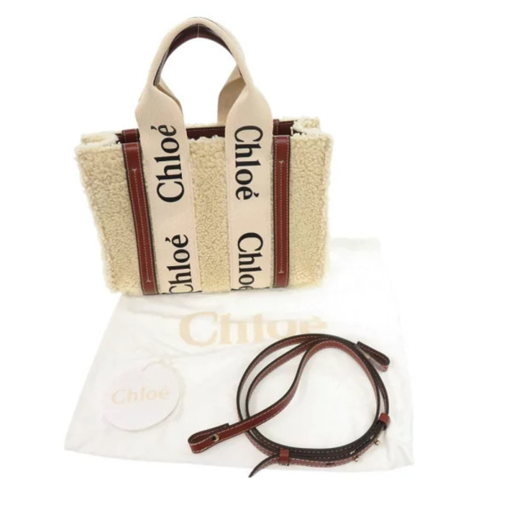 Chloe Brown Bag Tote Handbag WOODY Beige Leather